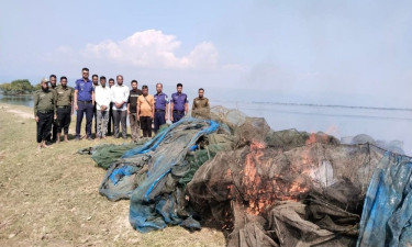 টাঙ্গুয়ার হাওরে অভিযান, ৫ লাখ টাকার চায়না দুয়ারী জাল জব্দ